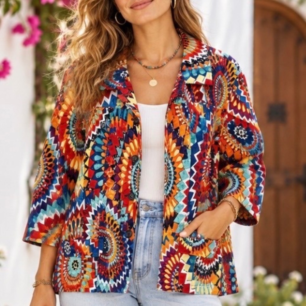 Chico's Vibrant Mandala Circle Print Button Front Jacket XL 3 Rainbow Bohemian